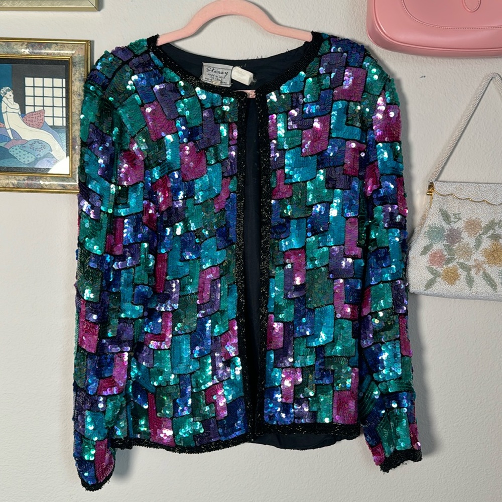 VTG 80s Laurence Kazar Sequin Jacket Silk Small